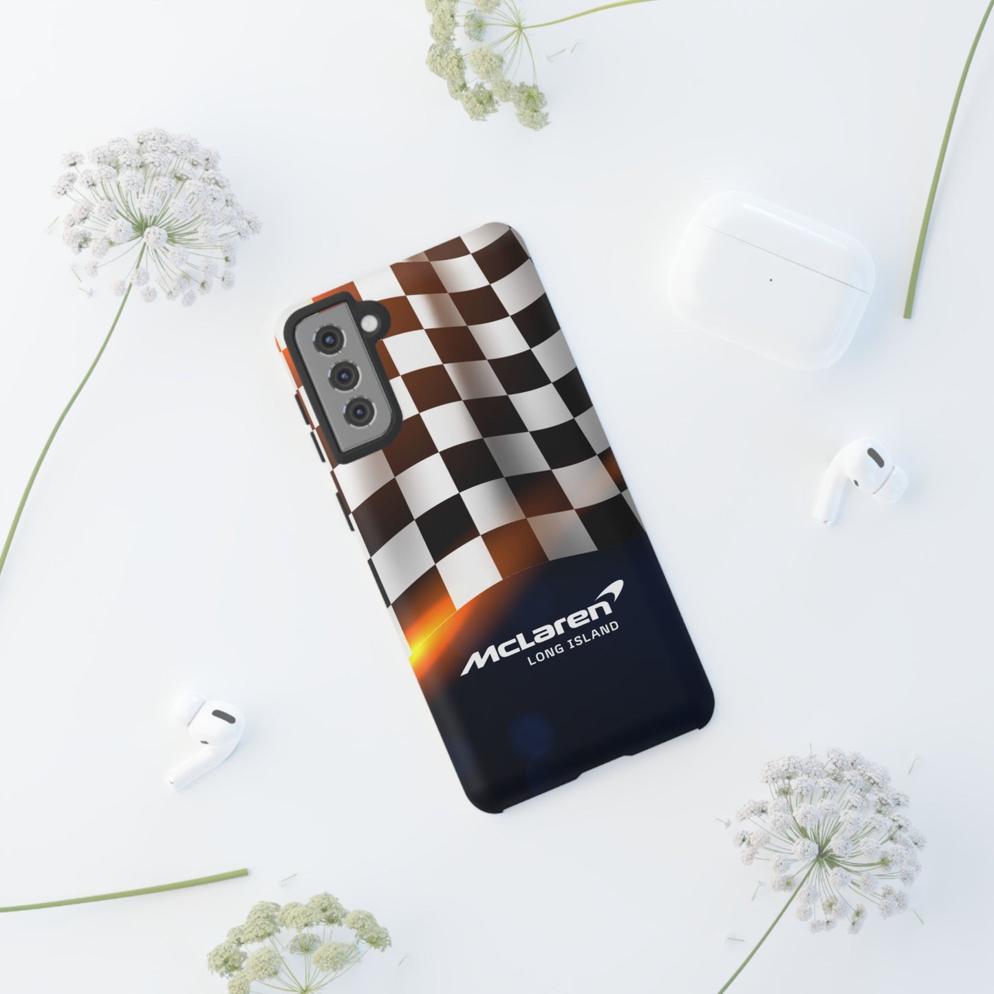 McLaren Long Island F1 Checkered Flag Impact-Resistant Phone Case | Durable Protection for Car Enthusiasts
