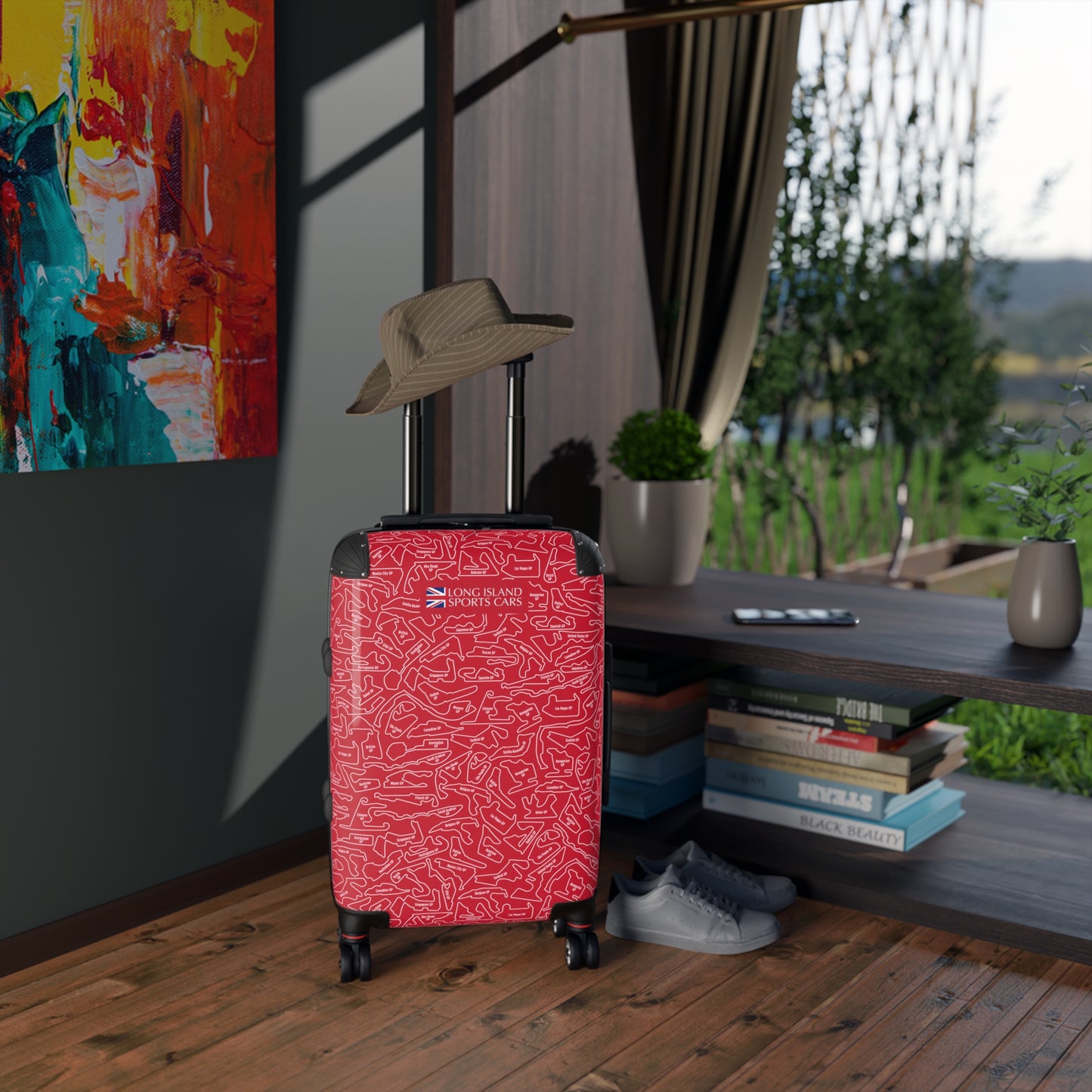 Long Island Sports Cars Vibrant Red F1 Racetrack Suitcase