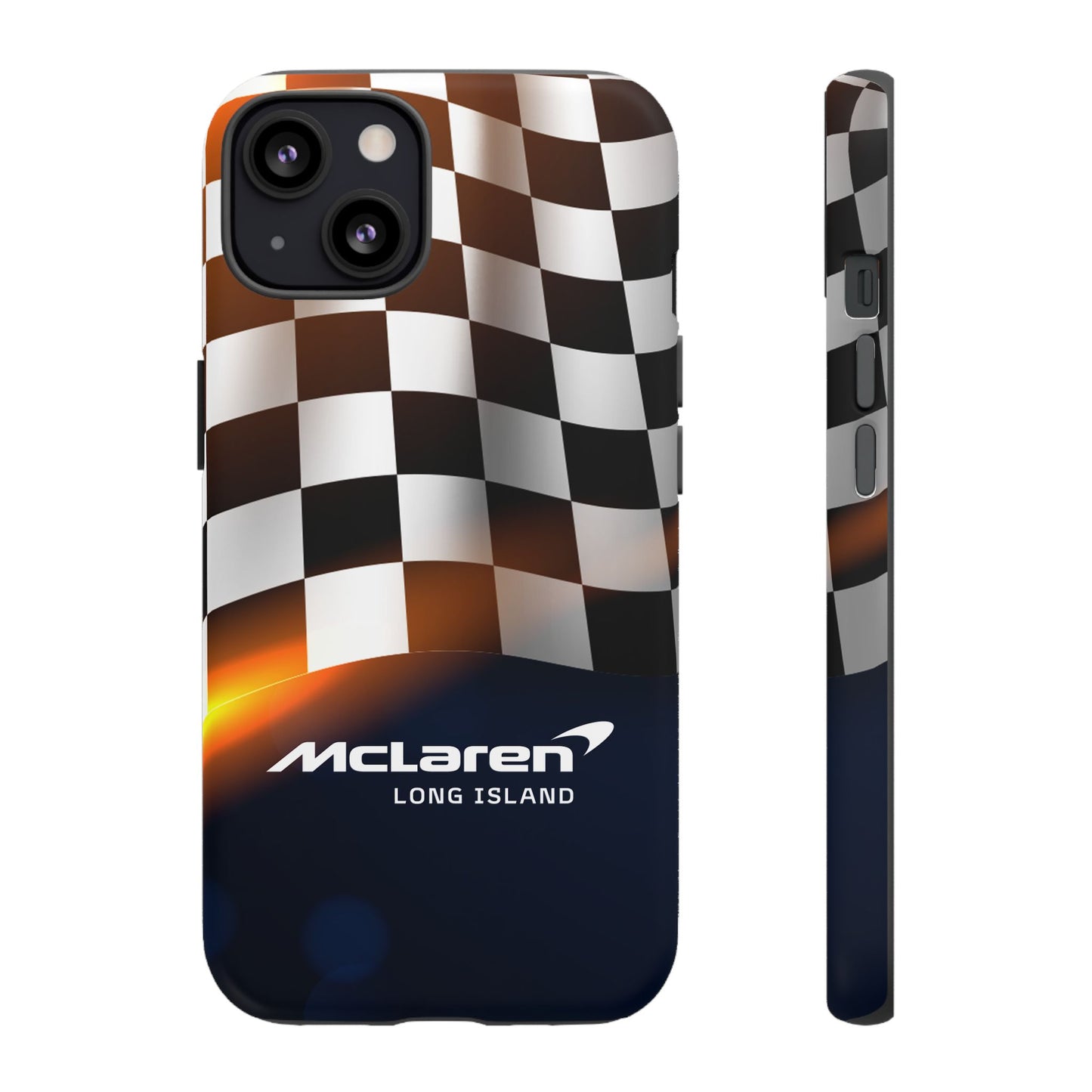 McLaren Long Island F1 Checkered Flag Impact-Resistant Phone Case | Durable Protection for Car Enthusiasts