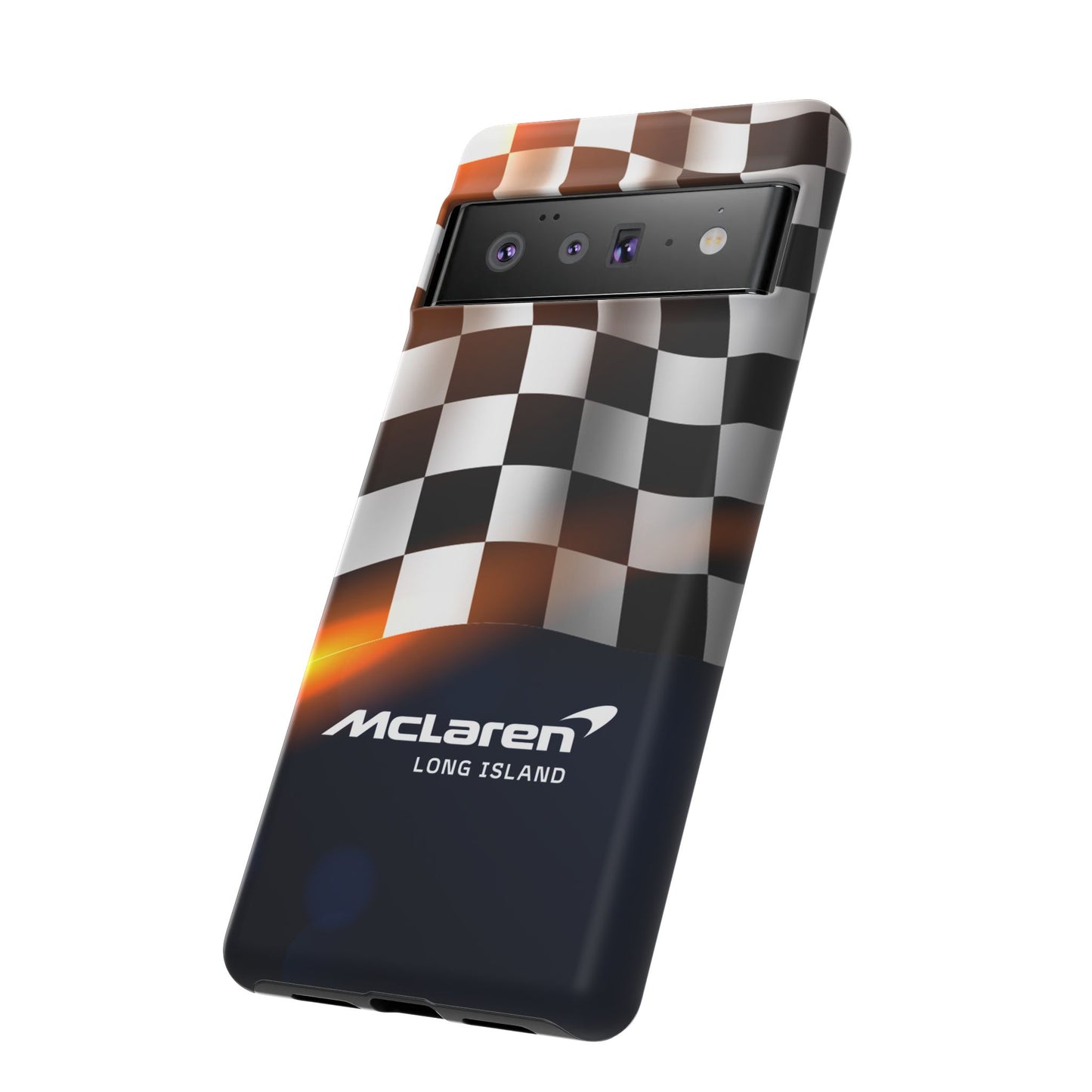 McLaren Long Island F1 Checkered Flag Impact-Resistant Phone Case | Durable Protection for Car Enthusiasts