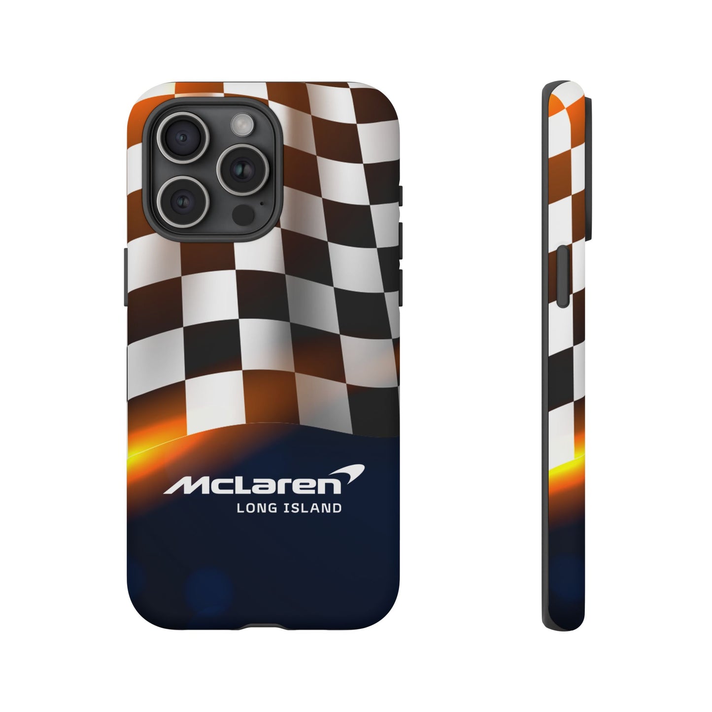 McLaren Long Island F1 Checkered Flag Impact-Resistant Phone Case | Durable Protection for Car Enthusiasts