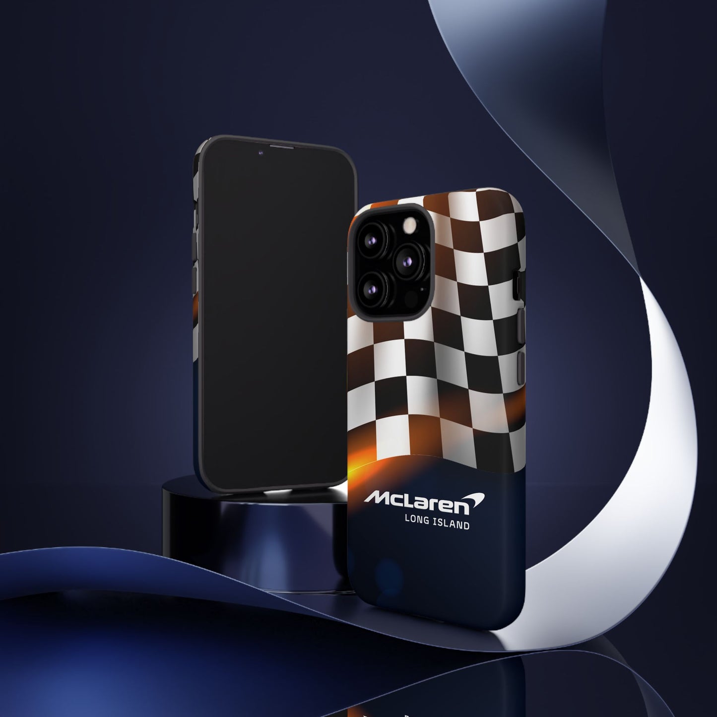 McLaren Long Island F1 Checkered Flag Impact-Resistant Phone Case | Durable Protection for Car Enthusiasts