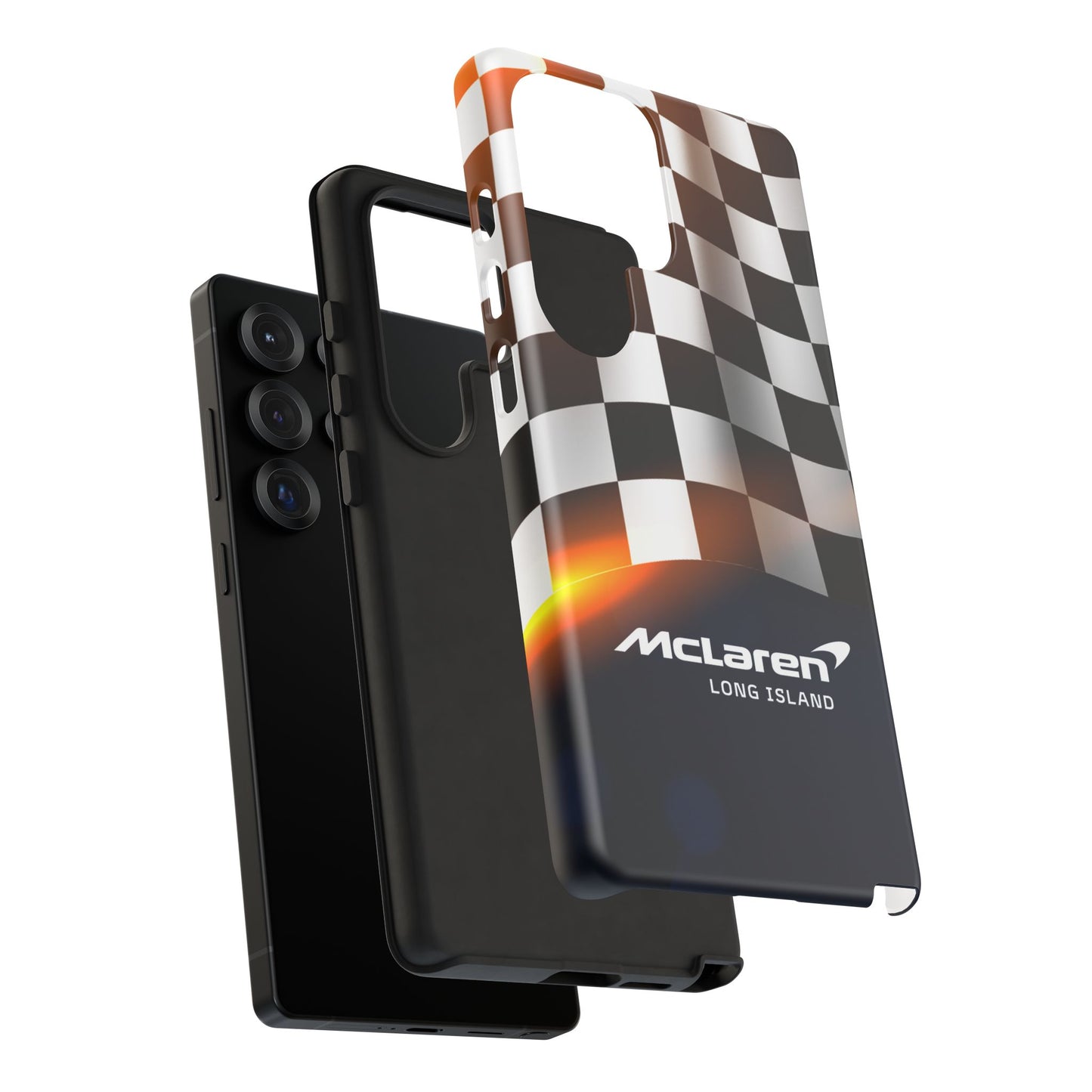 McLaren Long Island F1 Checkered Flag Impact-Resistant Phone Case | Durable Protection for Car Enthusiasts