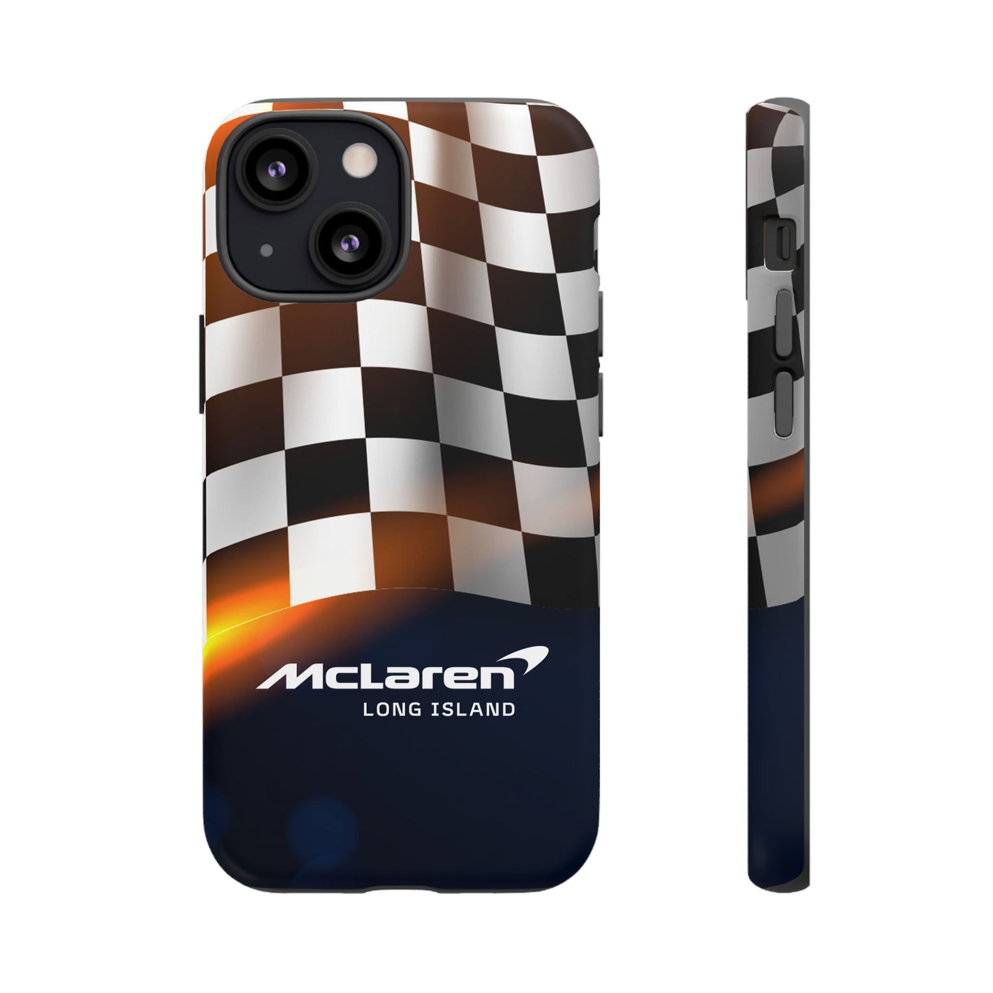 McLaren Long Island F1 Checkered Flag Impact-Resistant Phone Case | Durable Protection for Car Enthusiasts
