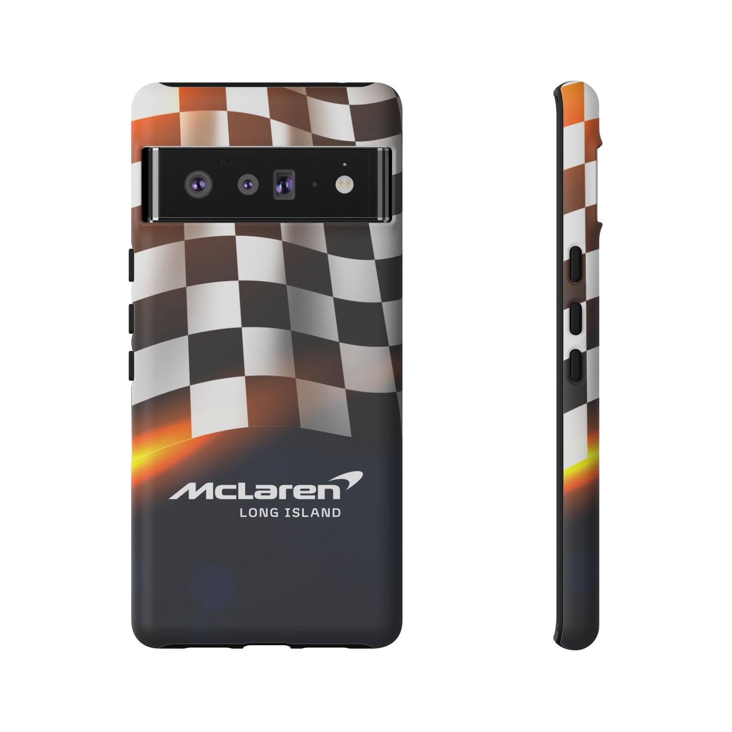 McLaren Long Island F1 Checkered Flag Impact-Resistant Phone Case | Durable Protection for Car Enthusiasts