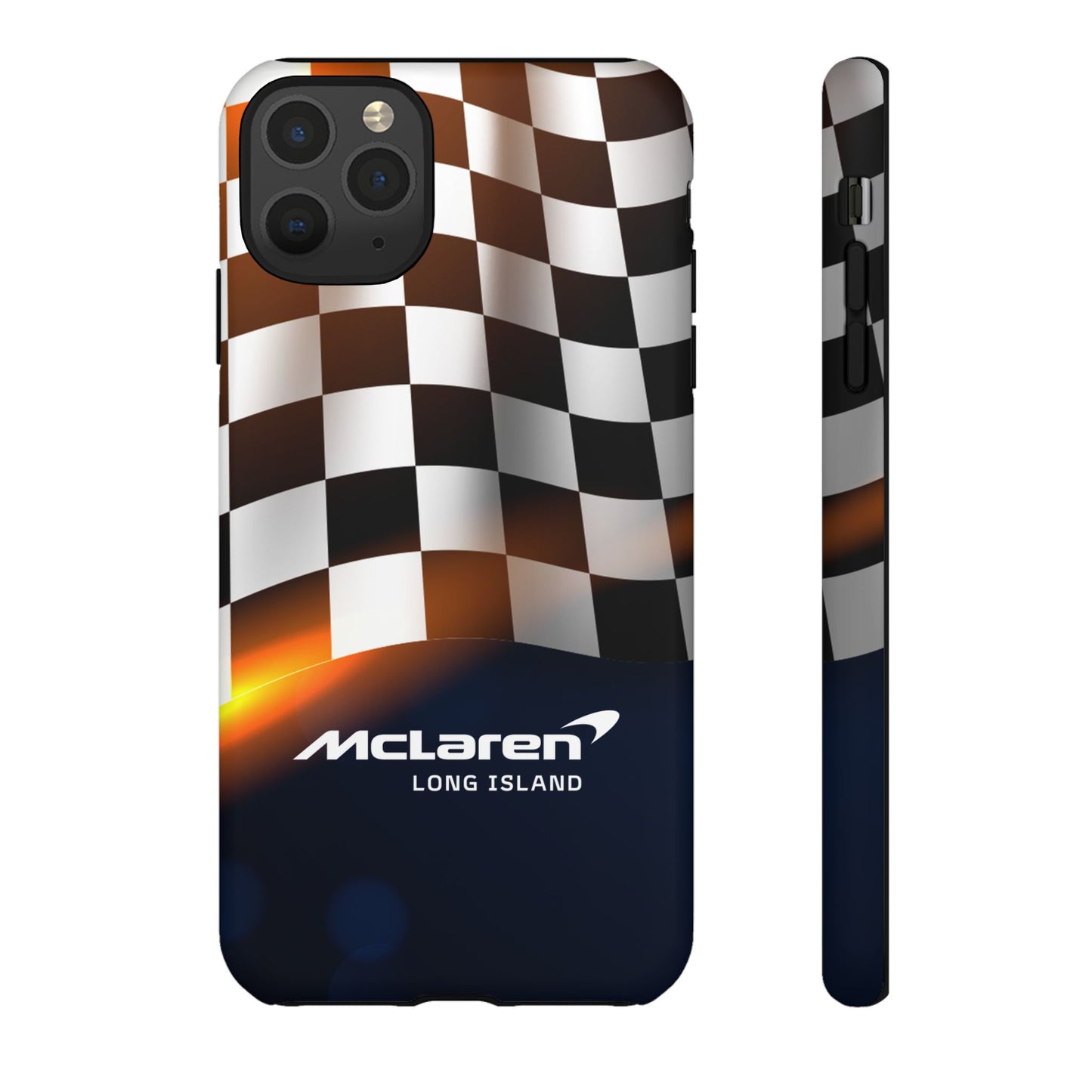 McLaren Long Island F1 Checkered Flag Impact-Resistant Phone Case | Durable Protection for Car Enthusiasts