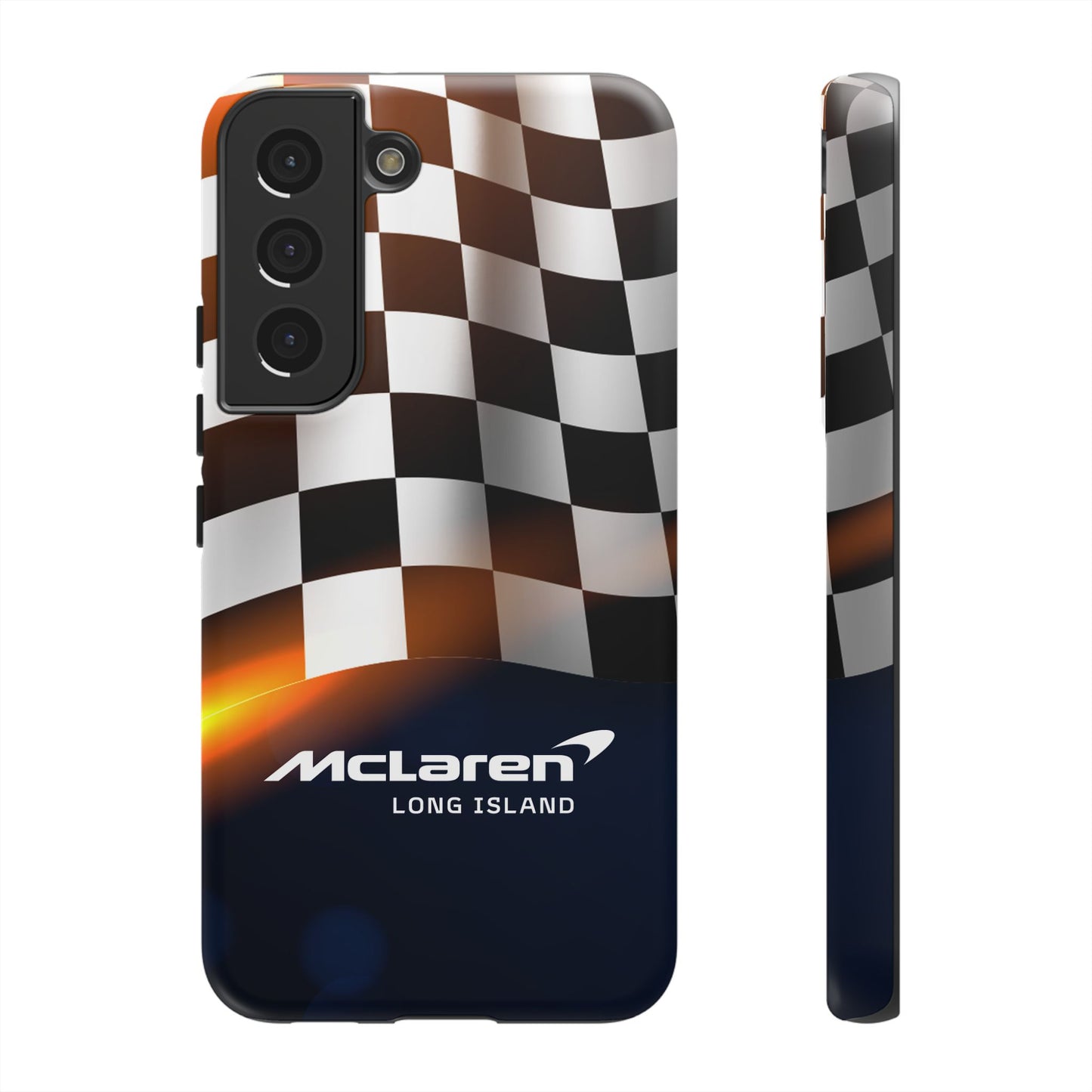 McLaren Long Island F1 Checkered Flag Impact-Resistant Phone Case | Durable Protection for Car Enthusiasts