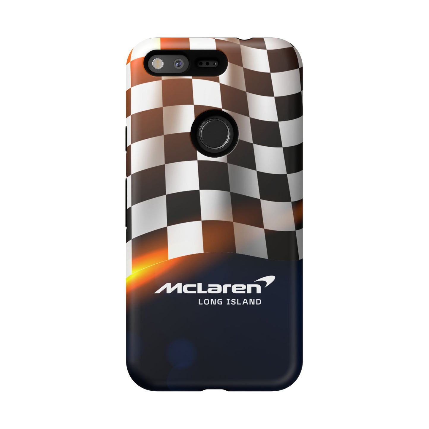 McLaren Long Island F1 Checkered Flag Impact-Resistant Phone Case | Durable Protection for Car Enthusiasts
