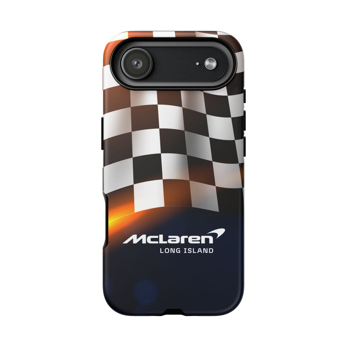 McLaren Long Island F1 Checkered Flag Impact-Resistant Phone Case | Durable Protection for Car Enthusiasts