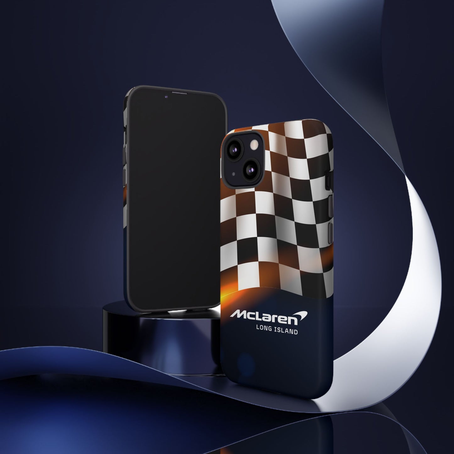 McLaren Long Island F1 Checkered Flag Impact-Resistant Phone Case | Durable Protection for Car Enthusiasts