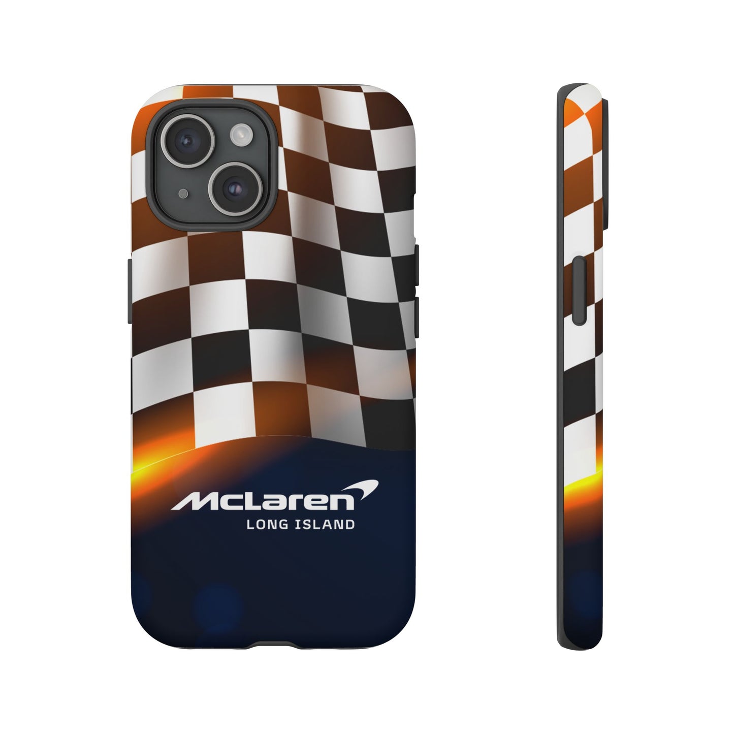 McLaren Long Island F1 Checkered Flag Impact-Resistant Phone Case | Durable Protection for Car Enthusiasts