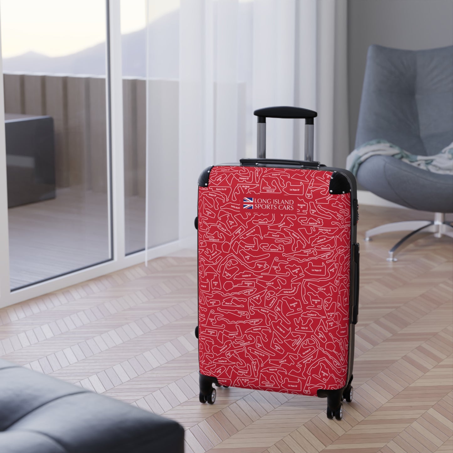 Long Island Sports Cars Vibrant Red F1 Racetrack Suitcase