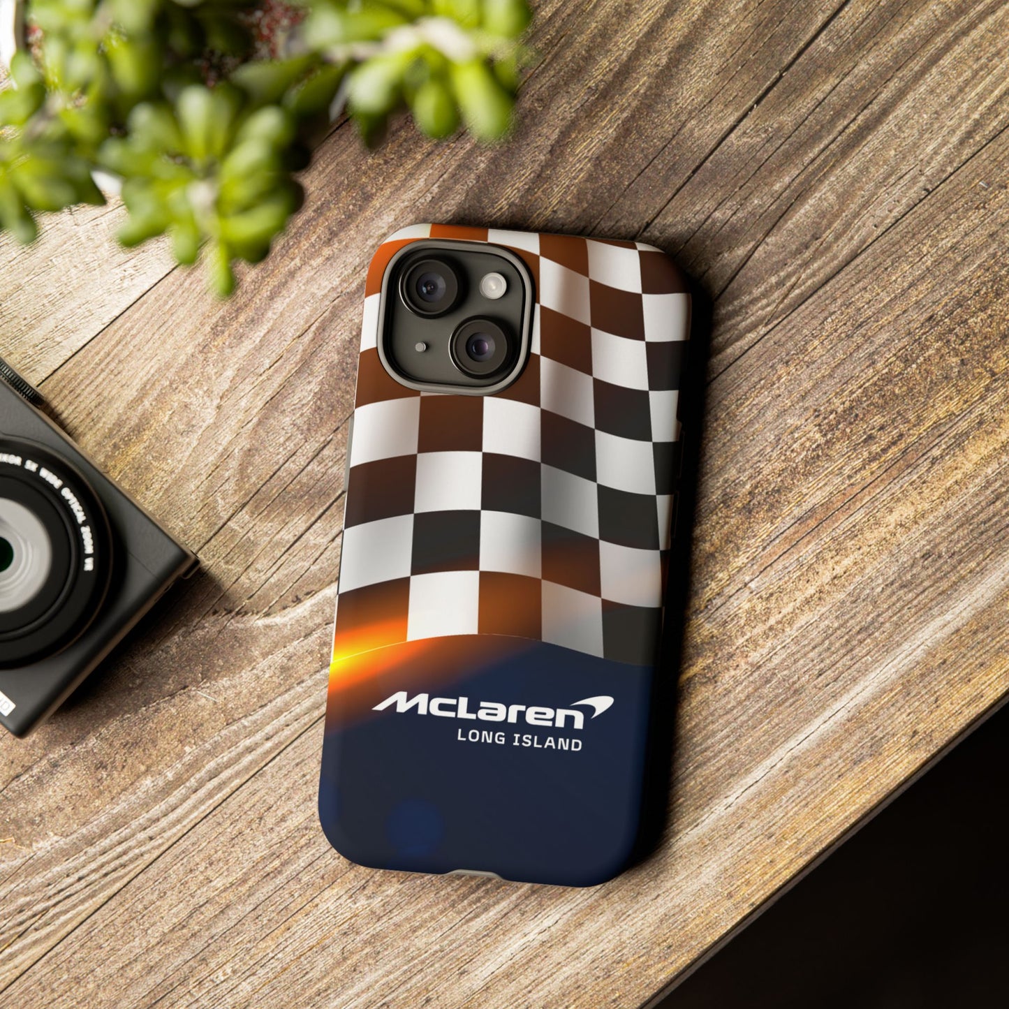McLaren Long Island F1 Checkered Flag Impact-Resistant Phone Case | Durable Protection for Car Enthusiasts