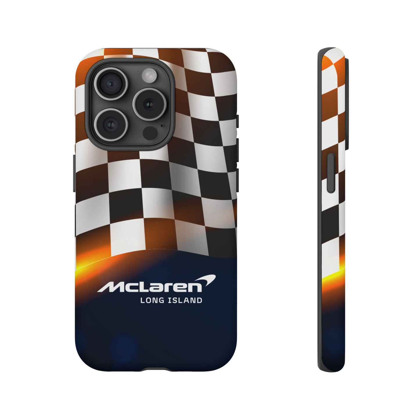 McLaren Long Island F1 Checkered Flag Impact-Resistant Phone Case | Durable Protection for Car Enthusiasts