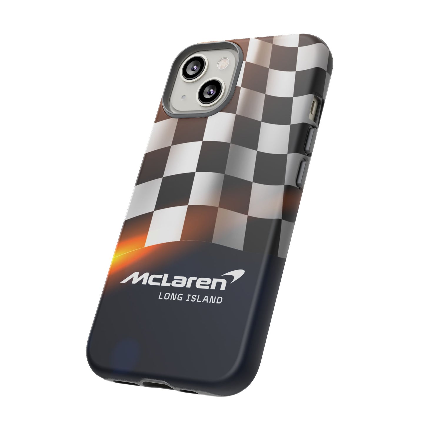 McLaren Long Island F1 Checkered Flag Impact-Resistant Phone Case | Durable Protection for Car Enthusiasts