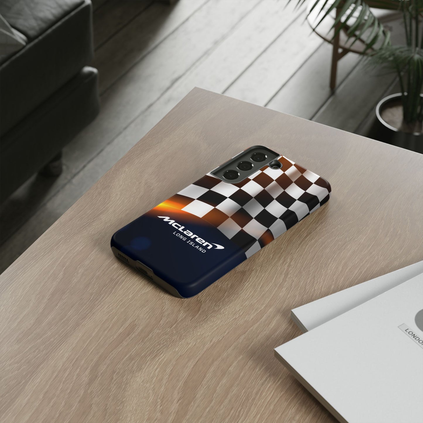 McLaren Long Island F1 Checkered Flag Impact-Resistant Phone Case | Durable Protection for Car Enthusiasts