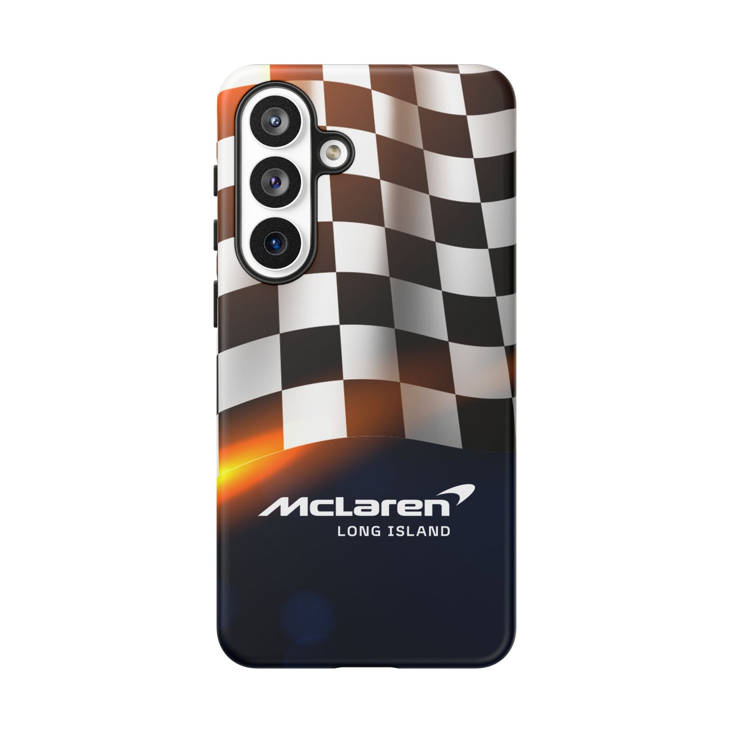 McLaren Long Island F1 Checkered Flag Impact-Resistant Phone Case | Durable Protection for Car Enthusiasts