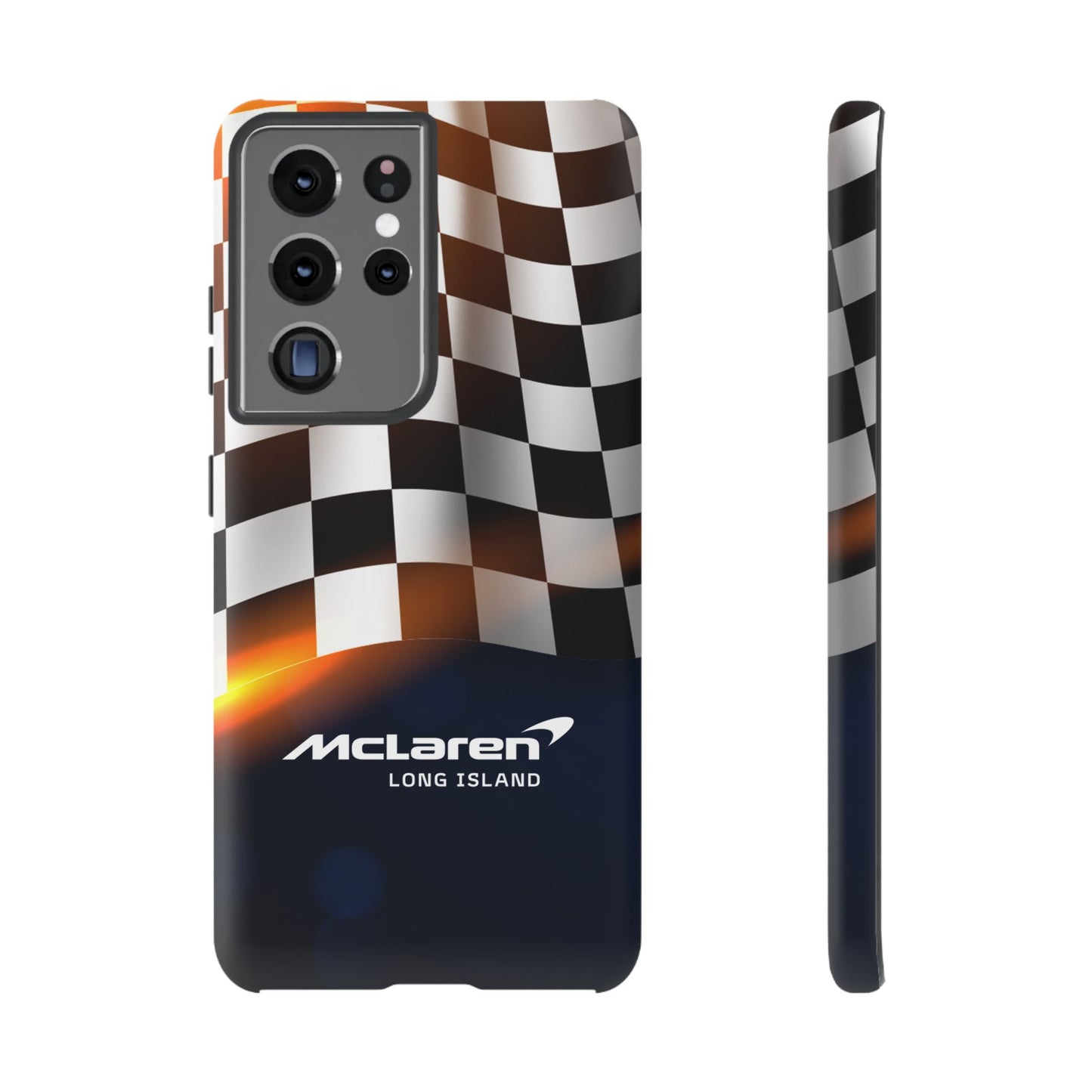 McLaren Long Island F1 Checkered Flag Impact-Resistant Phone Case | Durable Protection for Car Enthusiasts