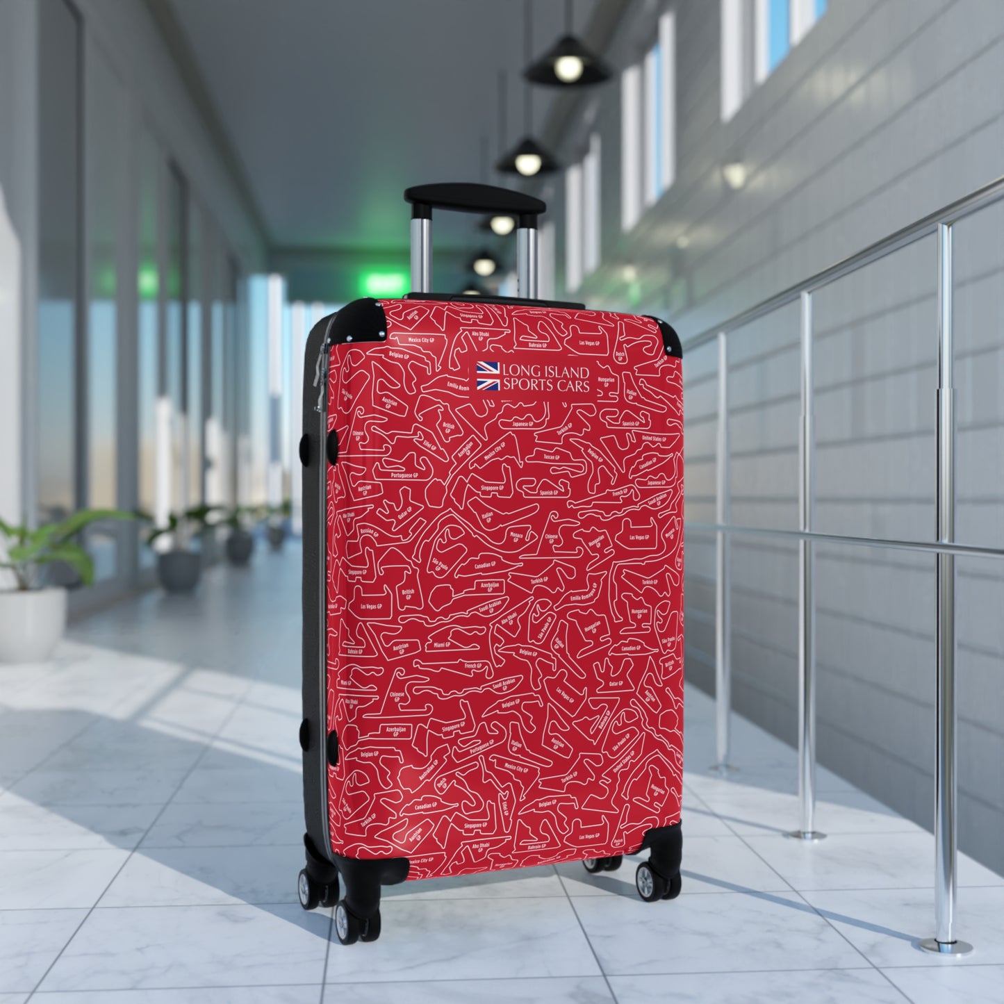 Long Island Sports Cars Vibrant Red F1 Racetrack Suitcase