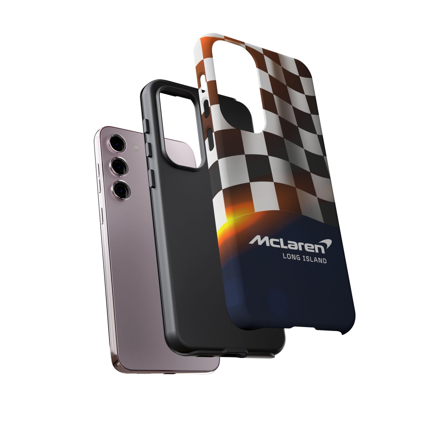 McLaren Long Island F1 Checkered Flag Impact-Resistant Phone Case | Durable Protection for Car Enthusiasts