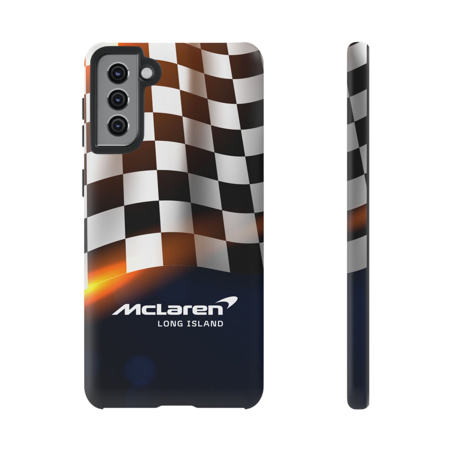 McLaren Long Island F1 Checkered Flag Impact-Resistant Phone Case | Durable Protection for Car Enthusiasts