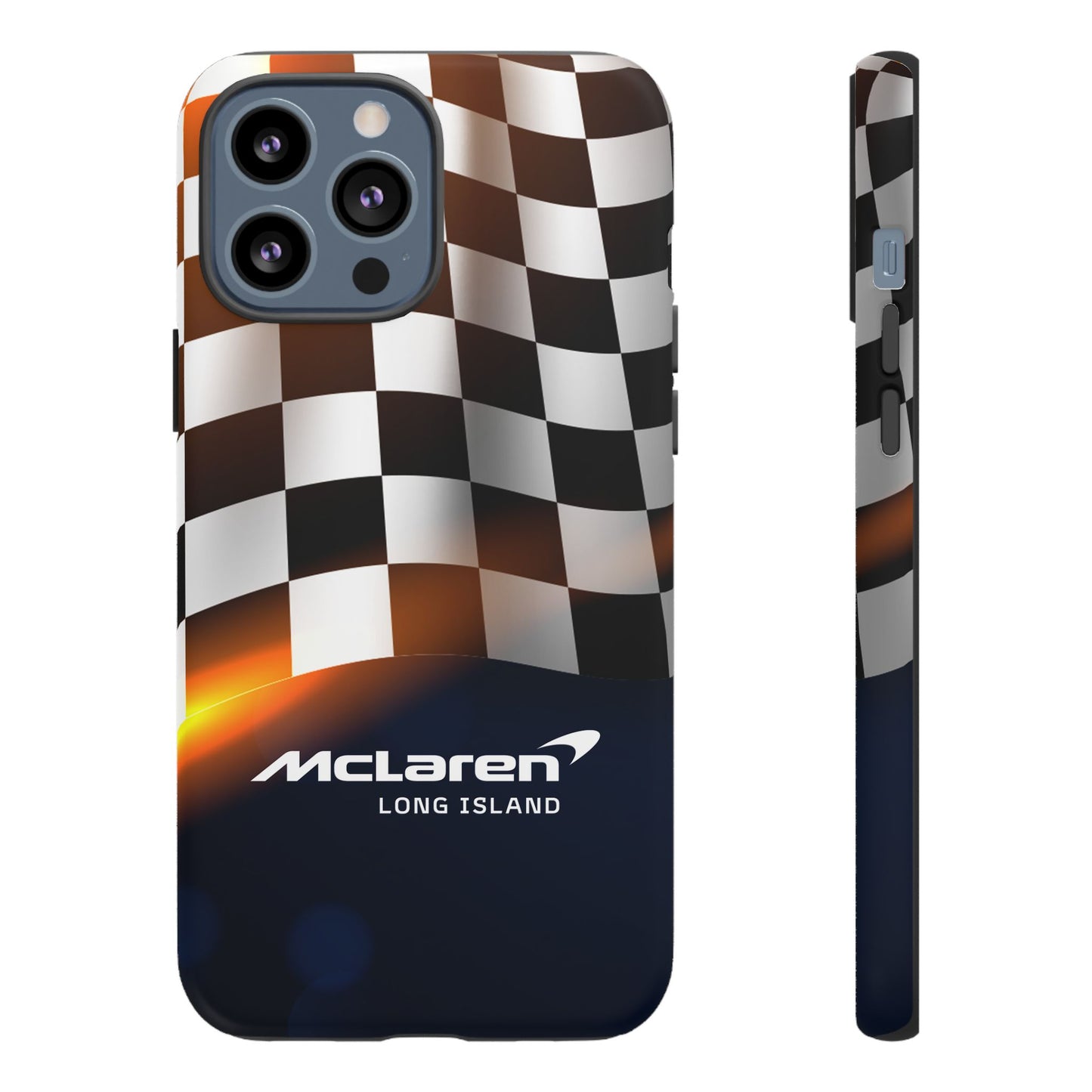 McLaren Long Island F1 Checkered Flag Impact-Resistant Phone Case | Durable Protection for Car Enthusiasts