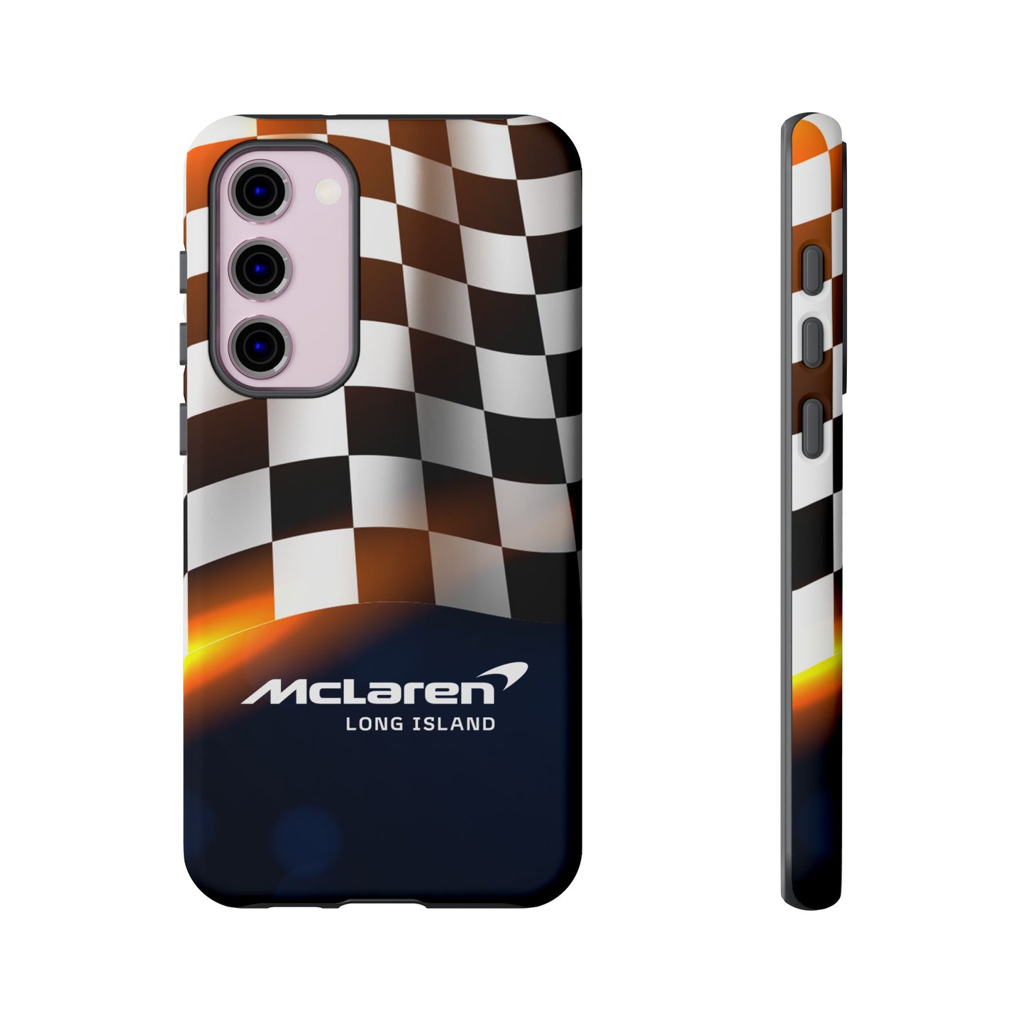 McLaren Long Island F1 Checkered Flag Impact-Resistant Phone Case | Durable Protection for Car Enthusiasts
