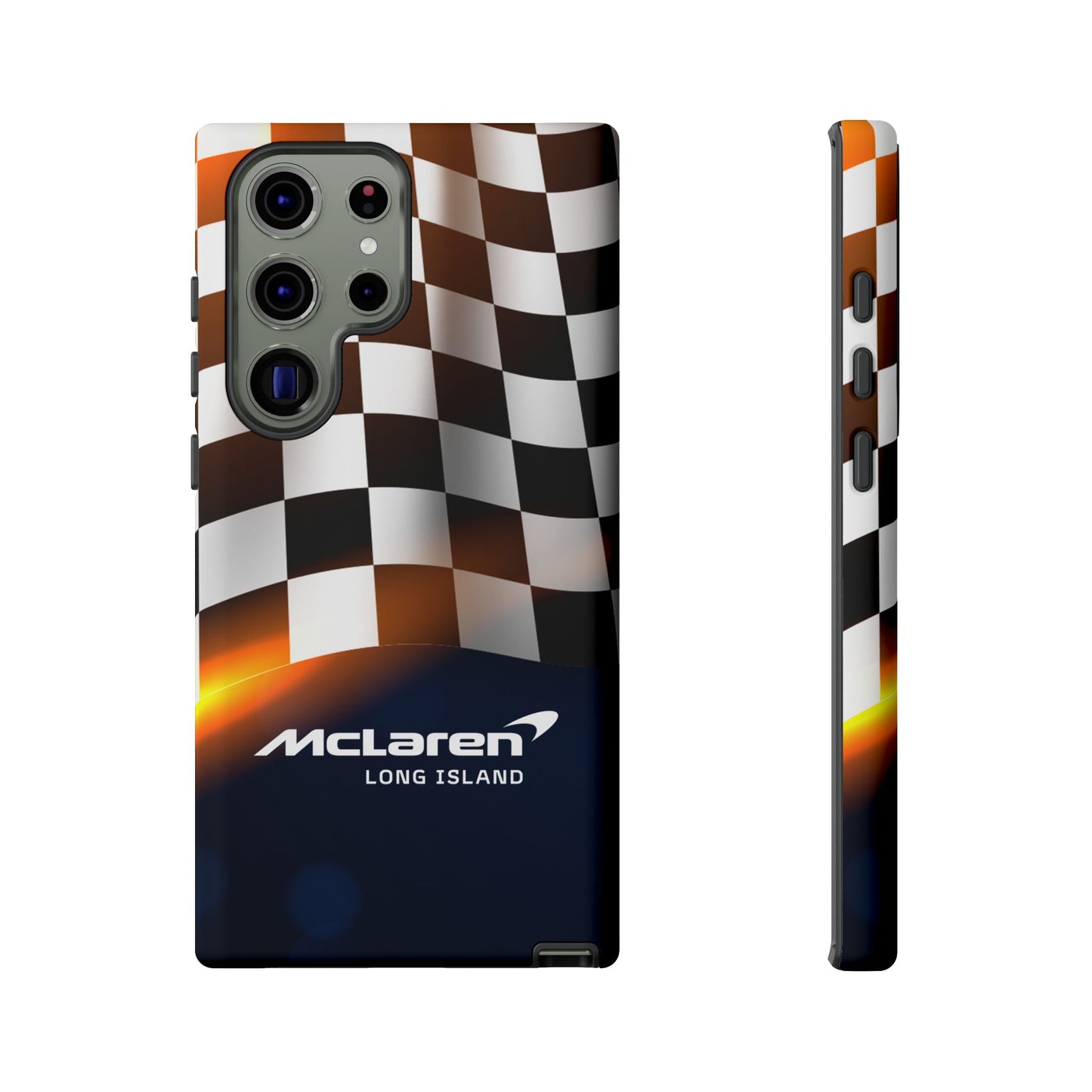 McLaren Long Island F1 Checkered Flag Impact-Resistant Phone Case | Durable Protection for Car Enthusiasts