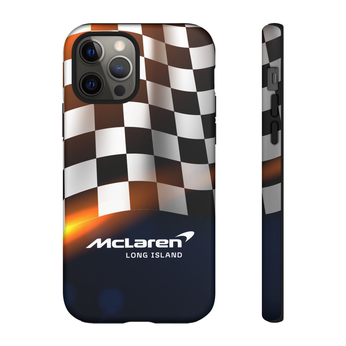 McLaren Long Island F1 Checkered Flag Impact-Resistant Phone Case | Durable Protection for Car Enthusiasts