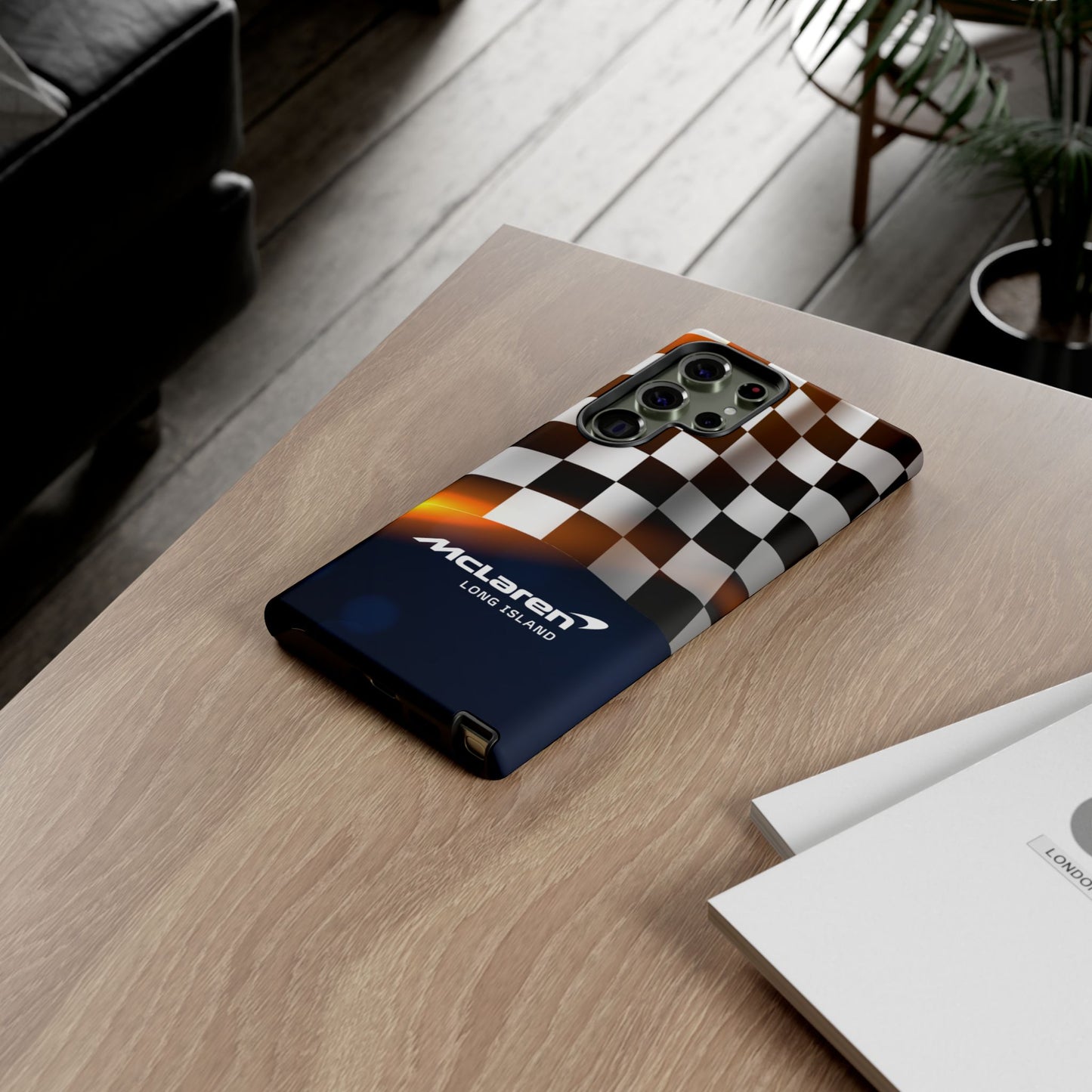McLaren Long Island F1 Checkered Flag Impact-Resistant Phone Case | Durable Protection for Car Enthusiasts