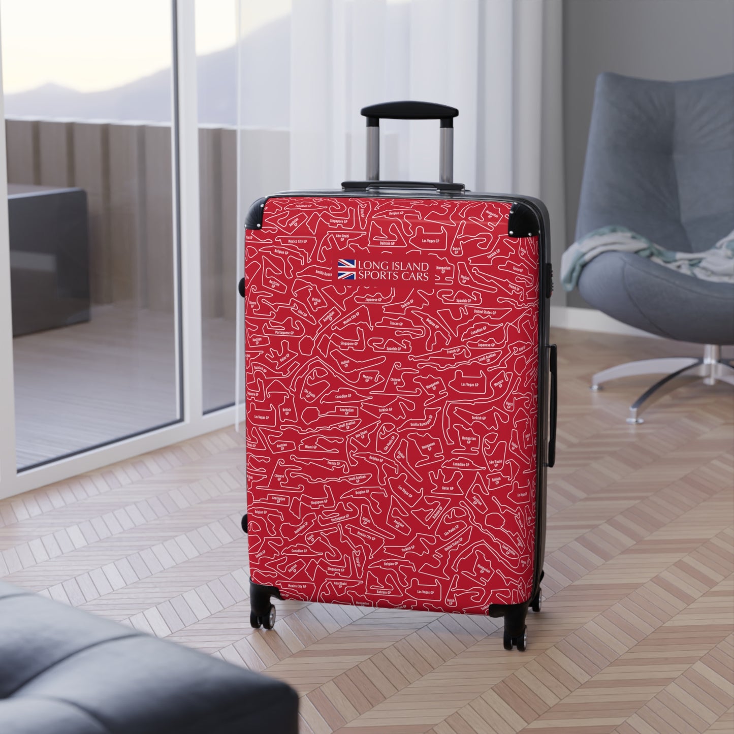 Long Island Sports Cars Vibrant Red F1 Racetrack Suitcase