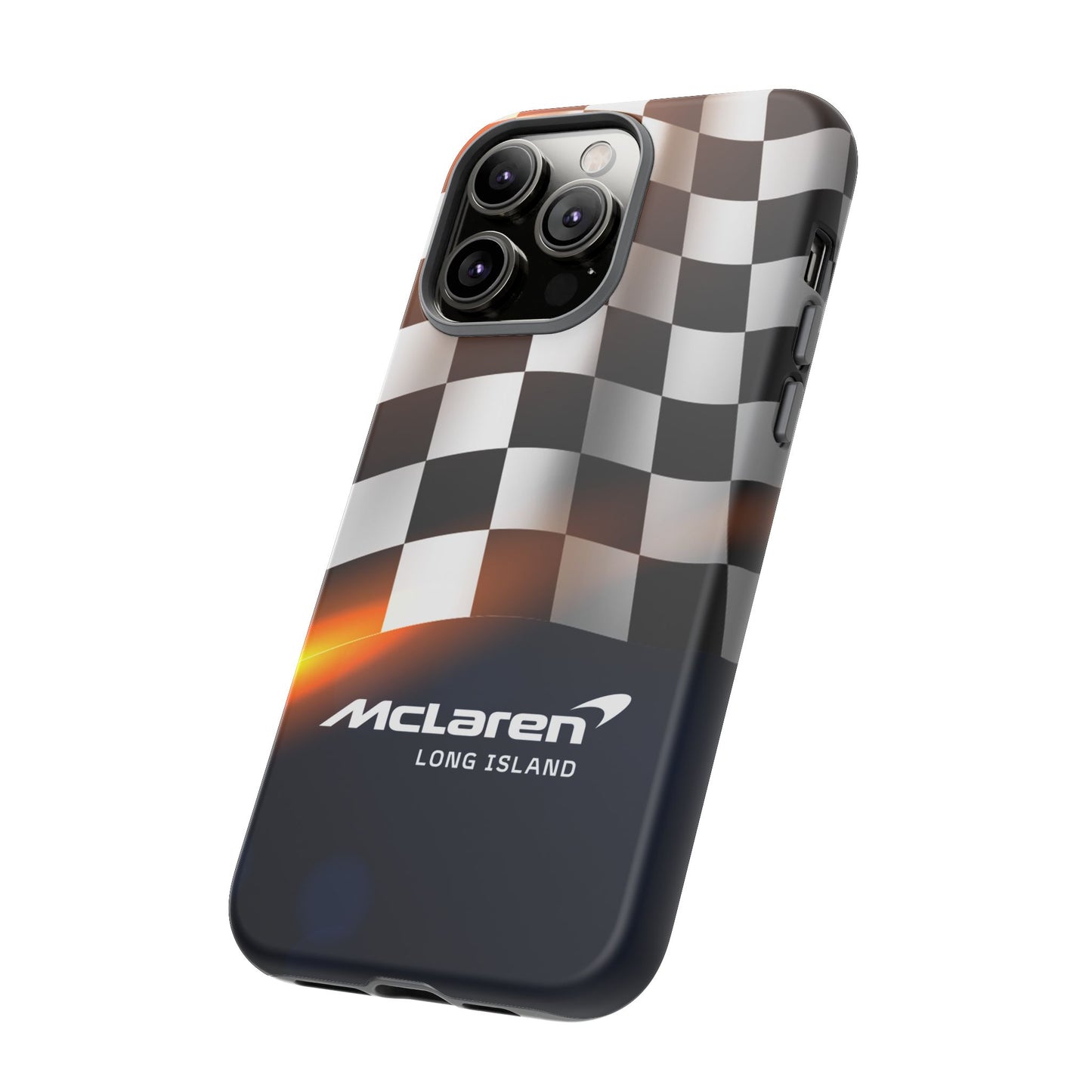 McLaren Long Island F1 Checkered Flag Impact-Resistant Phone Case | Durable Protection for Car Enthusiasts