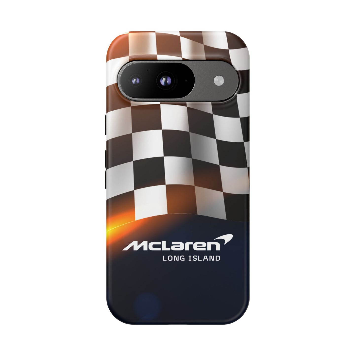 McLaren Long Island F1 Checkered Flag Impact-Resistant Phone Case | Durable Protection for Car Enthusiasts